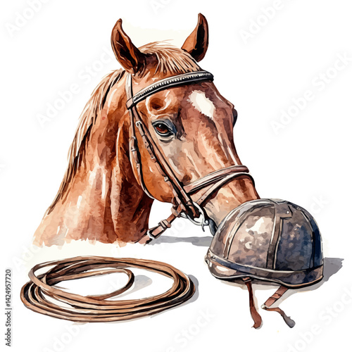 Horse riding whip and helmet placed together, watercolor illustration, isolated on a white background.

