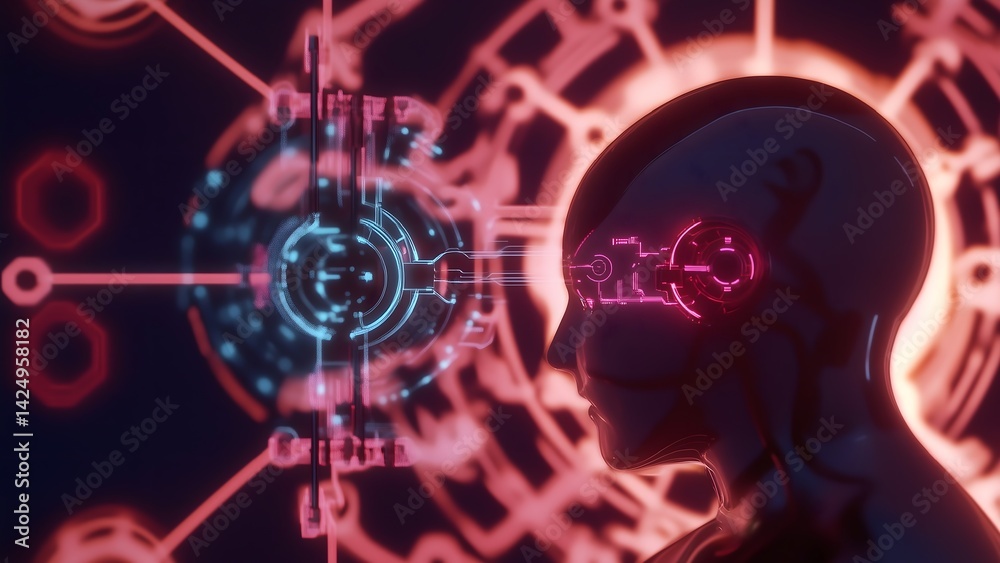 Obraz premium Silhouette of humanoid AI with digital interface and glowing red blue elements