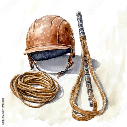 Horse riding whip and helmet placed together, watercolor illustration, isolated on a white background.

