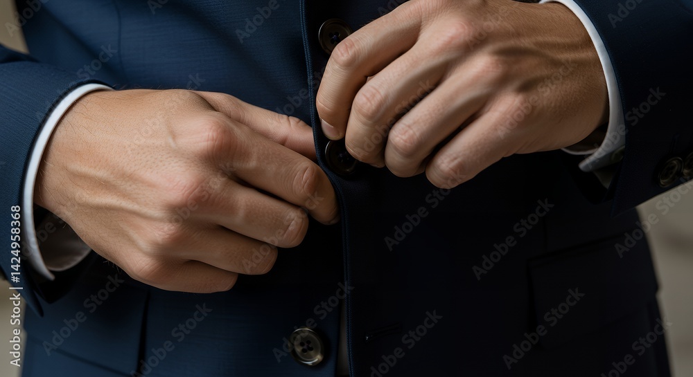 Obraz premium Man Fastening Buttons on a Blue Suit Jacket, Close-Up Detail and Focus
