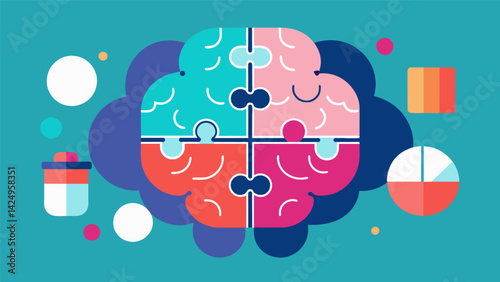 A puzzle in the shape of a brain with various sections representing the different psychological processes. The ketamineshaped piece sits in the center.