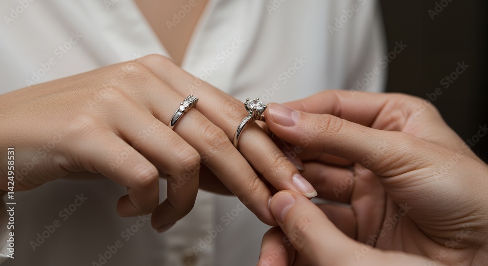 Fototapeta premium Man putting engagement ring on woman's finger, a romantic gesture of love.