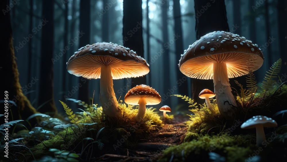 Fototapeta premium Illuminated mushrooms in a misty forest