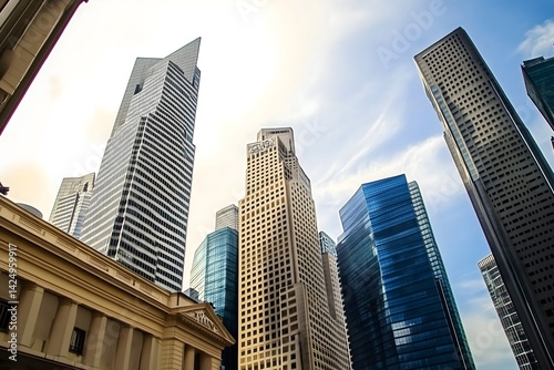 Low angle view of modern commercial skyscrapers with reflective glass facades under bright sky showing contemporary urban architecture and financial district skyline