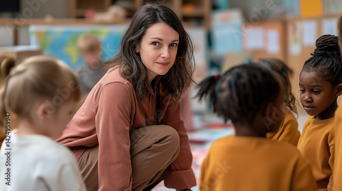 Kindergarten teacher crouching and interacting with preschool children