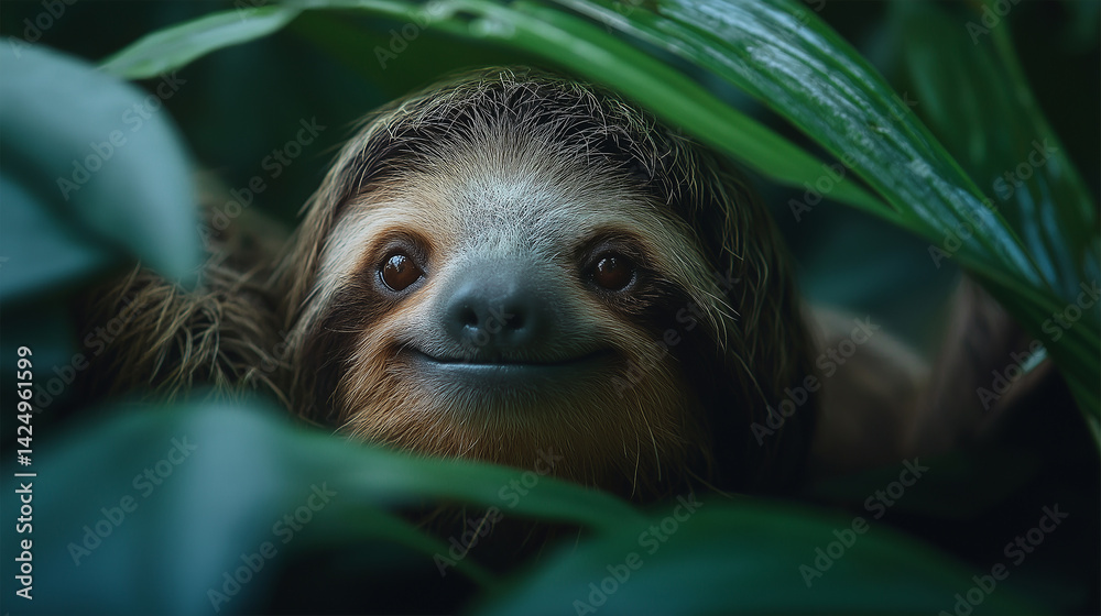 Fototapeta premium Smiling sloth hiding in the green leaves of the jungle