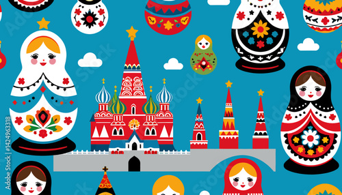 Colorful Russian Nesting Dolls and St Basil's Cathedral Illustration_Folk Art Inspired Design_Traditional Russian Souvenirs_Travel and Culture Graphics