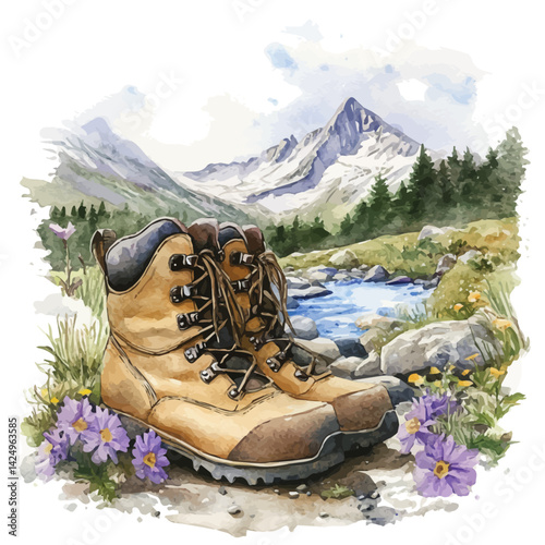 Hiker’s boots beside a mountain spring, watercolor illustration, isolated on a white background.

