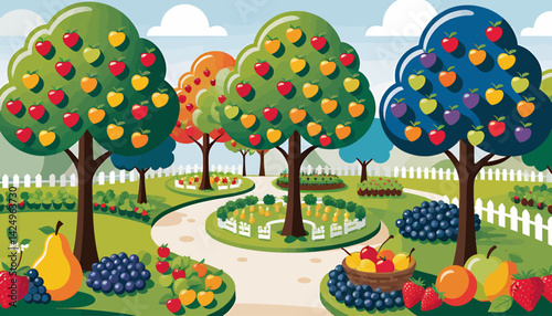 Colorful_Fruit_Orchard_Illustration_Featuring_Apple_Trees_Grapes_Strawberries_and_Pears_Perfect_for_Childrens_Books_or_Educational_Materials_Cartoon_Garden_Scene
