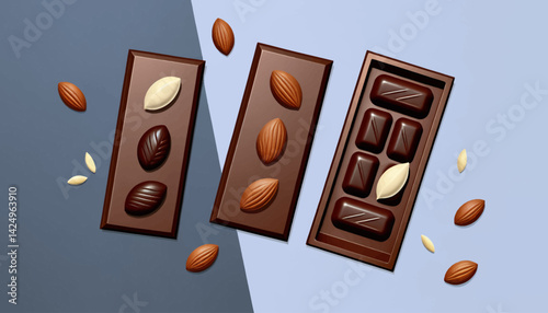 Delicious Assortment of Chocolate Bars with Almonds_ Dark Chocolate_ White Chocolate and Milk Chocolate Treats_ Perfect for Chocolate Lovers and Sweet Cravings