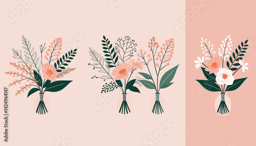 Floral Illustration in Vases_Pink and Peach Color Palette_Botanical Art Print_Elegant Home Decor_Flower Arrangement_Modern Wall Art_Digital Download_Cute Floral Image