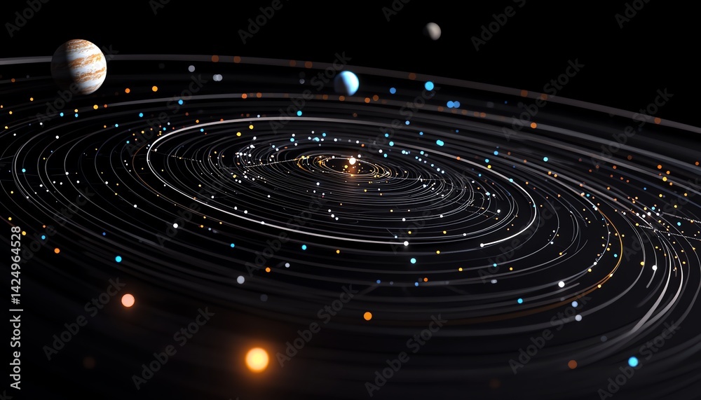 Obraz premium Conceptual Solar System Model with Planets Orbiting Glowing Star Design