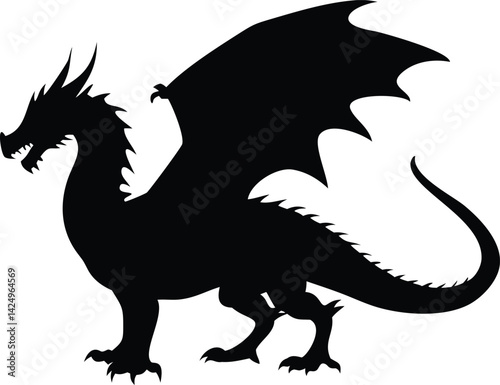 Silhouette of a Majestic Dragon in a Mythical Stance with Wings Spread

