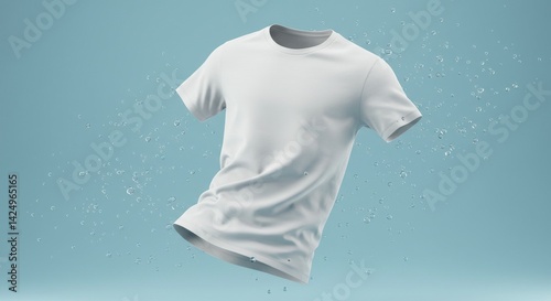 White T-Shirt Floating Amidst Water Droplets on Teal Background