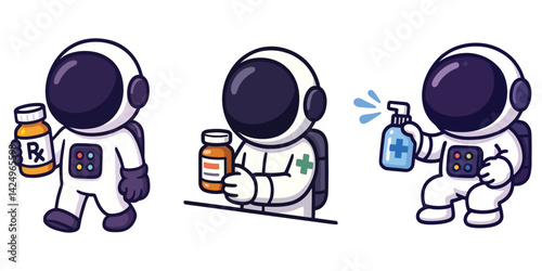Astronaut taking medicine and using hand sanitizer