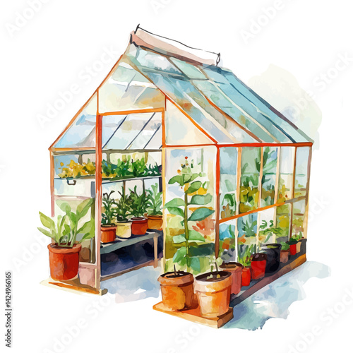 High‑tech greenhouse powered by sensors, watercolor illustration, isolated on a white background.

