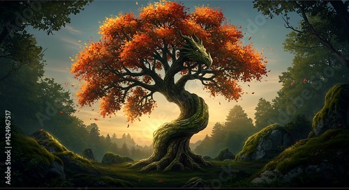 A fantastical dragon tree with orange leaves in a forest setting with mossy rocks around it