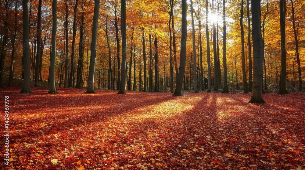 Fototapeta premium Autumn forest with vibrant orange and red leaves, sunlight filtering through trees