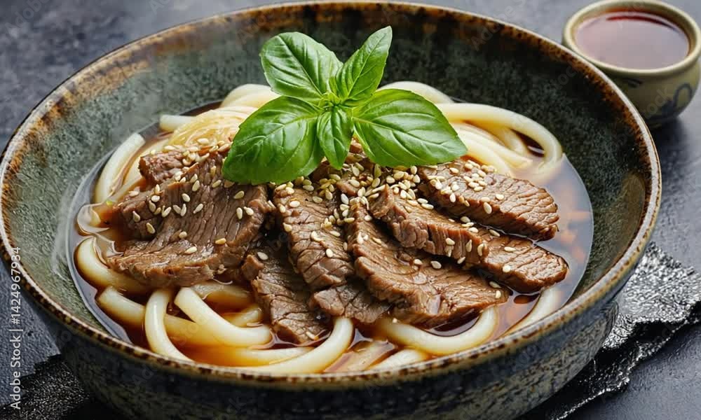 Beef udon noodles in a savory broth.