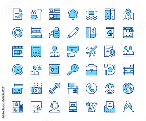 Hotel icons. Vector line icon set. Modern outline design. Blue concept