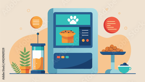 A userfriendly pet feeder with a touch screen display and database of thousands of pet food brands tailoring meals to your pets exact nutritional. Vector illustration