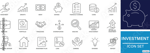 A set of 25 black line icons representing investment, finance, savings, and financial growth  perfect for fintech and business projects.