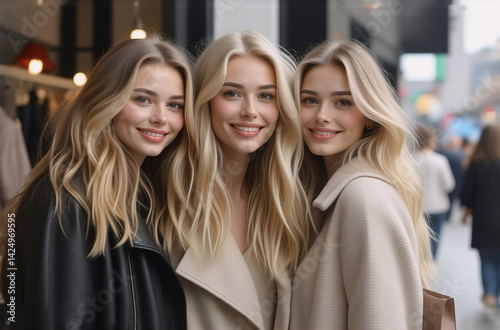 Wallpaper Mural Three attractive young women with long blonde hair smile for a photo. They are stylishly dressed in autumnal coats, standing closely together outdoors in a city setting. Torontodigital.ca