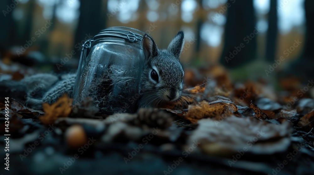 Obraz premium A small gray squirrel nestled among autumn leaves, a glass jar on its back