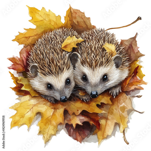 Hedgehogs nestled in fallen autumn leaves, watercolor illustration, isolated on a white background.

