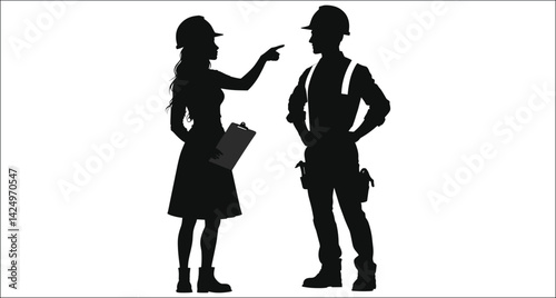 Silhouette Construction Worker And Supervisor Discussing Plans On Site Teamwork Concept Illustration