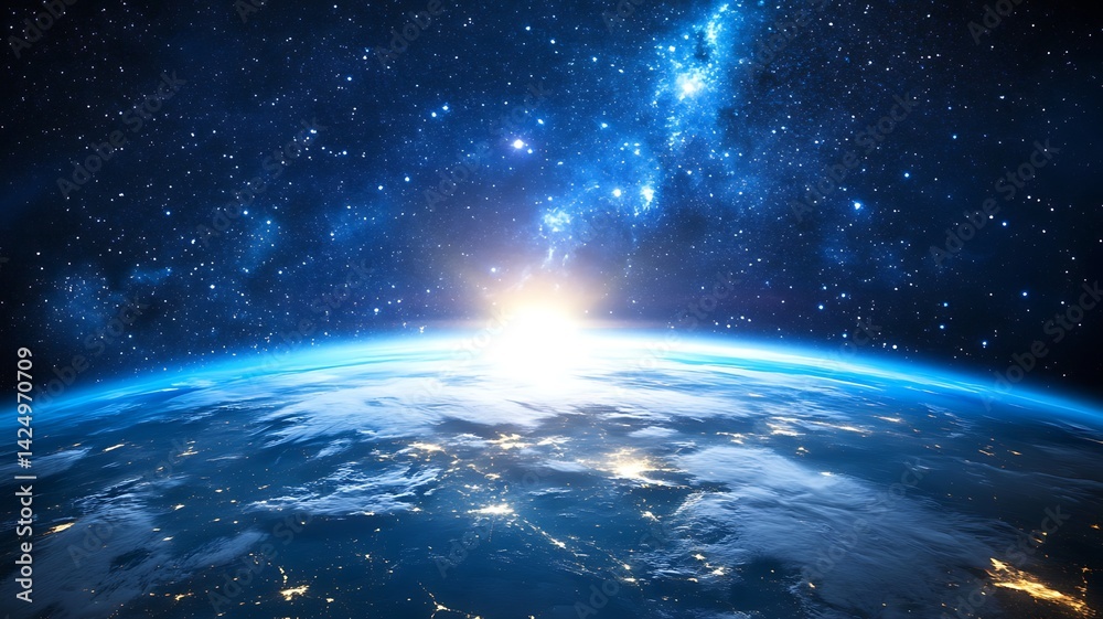 Fototapeta premium Horizon of Earth from space bright blue glow curve