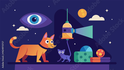 From playing with toys to checking for hidden treats never miss a moment of your pets nighttime antics with our advanced pet cam with night vision. Vector illustration