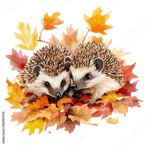 Hedgehogs nestled in fallen autumn leaves, watercolor illustration, isolated on a white background.

