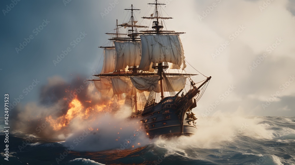 Obraz premium Epic Sea Battle Battledamaged Pirate Ship on the High Seas Action Scene Dramatic Environment Dynamic Viewpoint