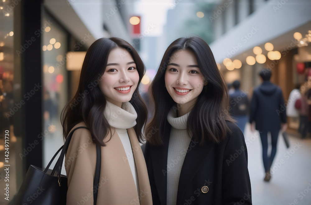 Fototapeta premium Two young women with long dark hair smile warmly, posing outdoors in a city shopping arcade. They wear stylish winter coats and turtlenecks.