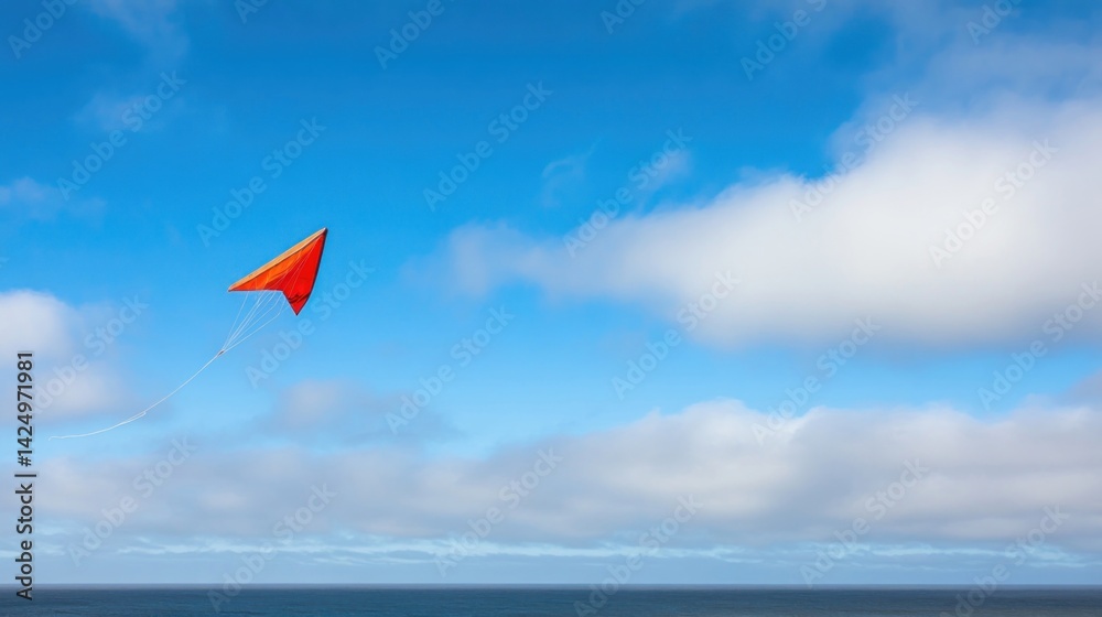 Red Kite Soaring in a Blue Sky Above the Ocean