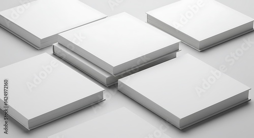 Arrangement of five closed white books on a white surface in a studio setting with soft lighting