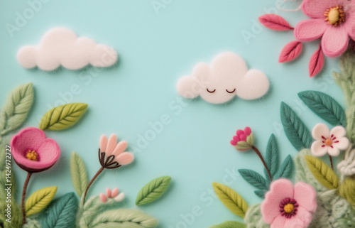 A pastel blue background features whimsical felt flowers, leaves, and clouds.  The scene evokes a cheerful, spring-like atmosphere.  The craftsmanship is delicate and charming.