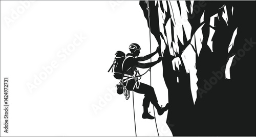 Silhouette Illustration Of Rock Climber Scaling Cliff Face On A White Background