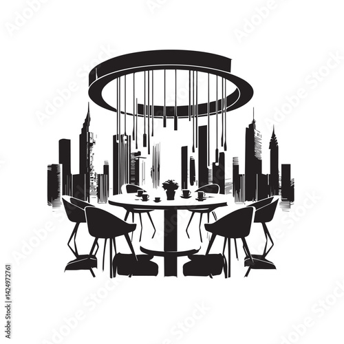 Round Table Office Set Silhouette Top View Office Furniture Icon Vector Table and Chairs Illustration