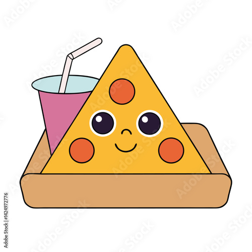 Cute kawaii pizza slice sitting in a pizza box like a bed, holding a tiny soda cup with a straw, surrounded by sparkles and smiley faces, isolated on white background 