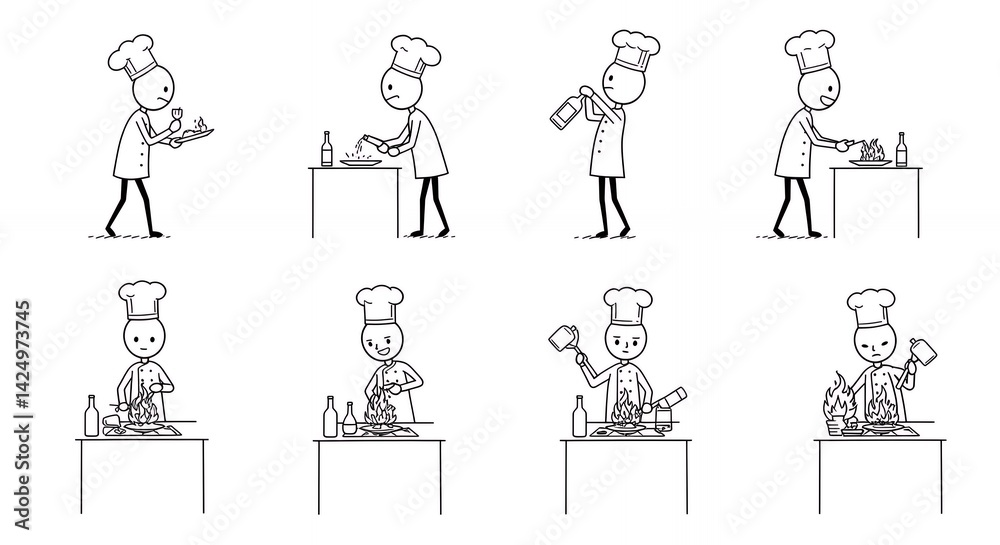 Stick Figure Chef in Black and White Flamb? Cooking Process Culinary Illustration Stick Figure Chef in Black and White Flamb? Cooking Process Culinary Illustration