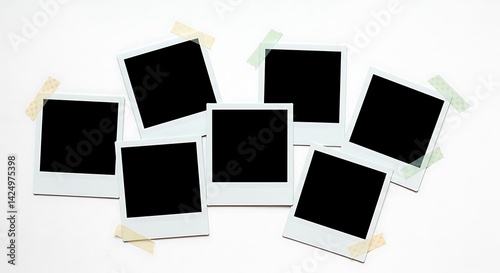 Arrangement of seven blank polaroid pictures taped to a white surface in a studio setting