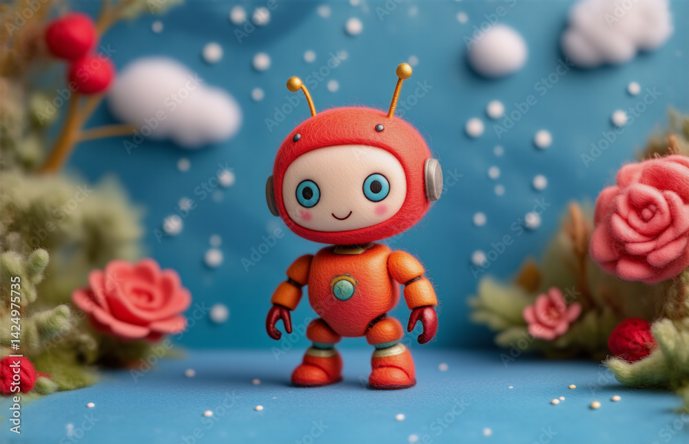 Fototapeta premium A charming, orange-colored robot, possibly a toy, stands amidst a whimsical backdrop of stylized flora, and fauna. It has blue eyes and antennas, suggesting an artificial creation. The background feat