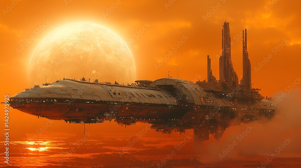 Obraz premium Futuristic spaceship hovering above an alien planet during sunset.
