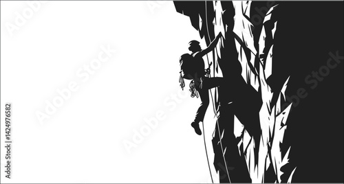 Silhouette Of Rock Climber Ascending Cliff Face Using Rope And Safety Gear