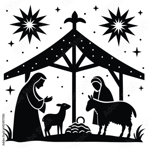 Simple Black and White Nativity Scene Illustration