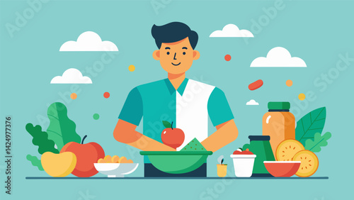 A man prepares a healthy meal intentionally choosing ingredients that will provide him with sustained energy and nourishment..