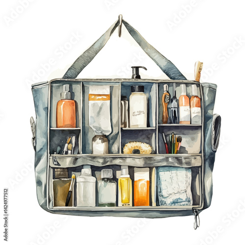 Hanging toiletry kit with open compartments, watercolor illustration, isolated on a white background.

