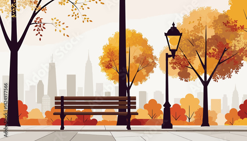Autumn Cityscape Serenity_Bench View of Skyline Amidst Fall Foliage_Park Scene with Golden Leaves_Urban Oasis Escape_Cozy City Park Bench_Autumnal City Park_Scenic View